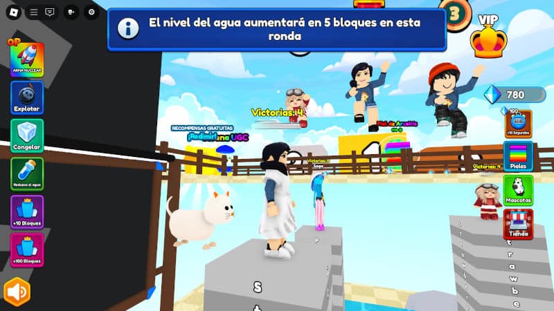 Jugar a Roblox en Familia - Juego Answer or die donde los personajes se encuentran en unas plataformas que suben cuando respondes las preguntas un nivel por cada letra de la palabra.
