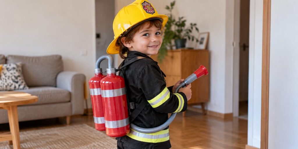 Disfraz de bombero casero para niño con mochila y mangueras